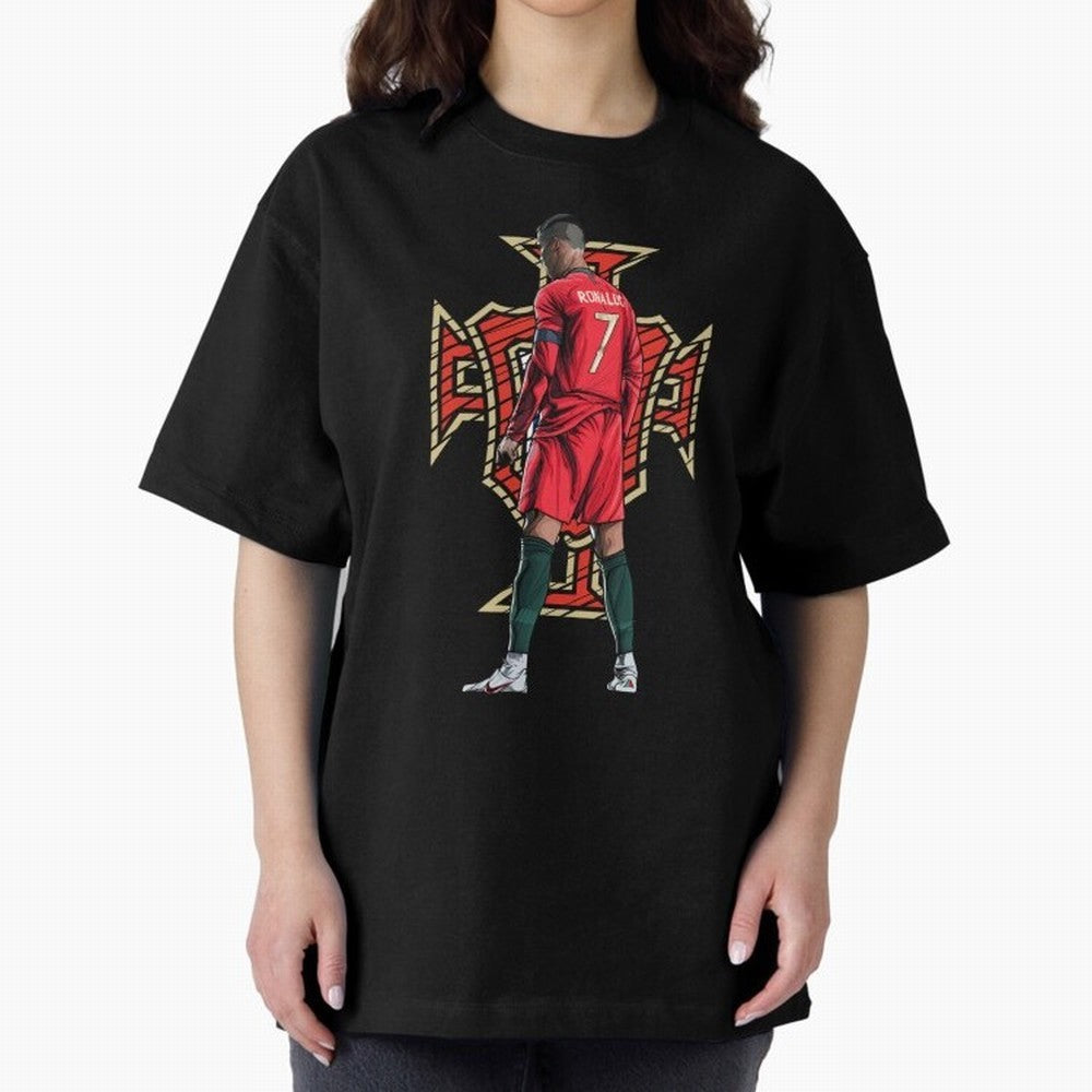 Cristiano Ronaldo Portugal Logo Oversized T-Shirt Show Your Love for FIFA World Cup 2026 Spirit, Highlighting Spain, CR7 and Messi, Vintage Soccer Flavor, Modern Football Stars, National Flags and Final Night Emotion; Perfect for People Who Love