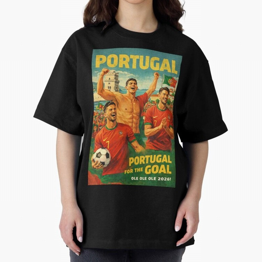 Portugal Lisbon Bel¨¦m Tower Cristiano Ronaldo FIFA World Cup Football Celebration Oversized T-Shirt Showcase FIFA World Cup 2026 Group Stage for Fans of CR7 and France and Portugal, Bringing Retro Football Energy, Iconic Rivalries, Trophy Chase