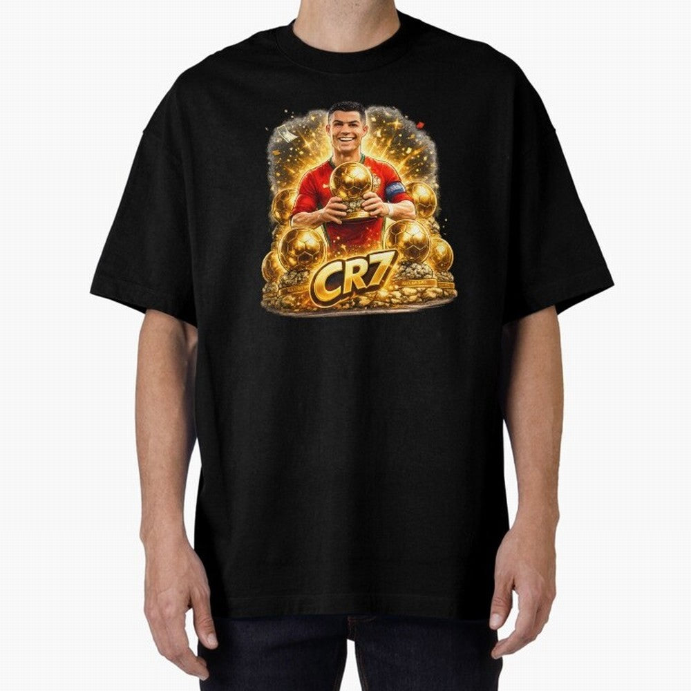 CR7 Five Ballon d'Or Trophies Cartoon ¨C Football Legend Illustration Oversized T-Shirt Show Love for Legendary Goals in FIFA World Cup 2026 USA Canada Mexico Filled with Haaland and Mbappe, Brazil Energy, Football Festival Excitement, Trophy