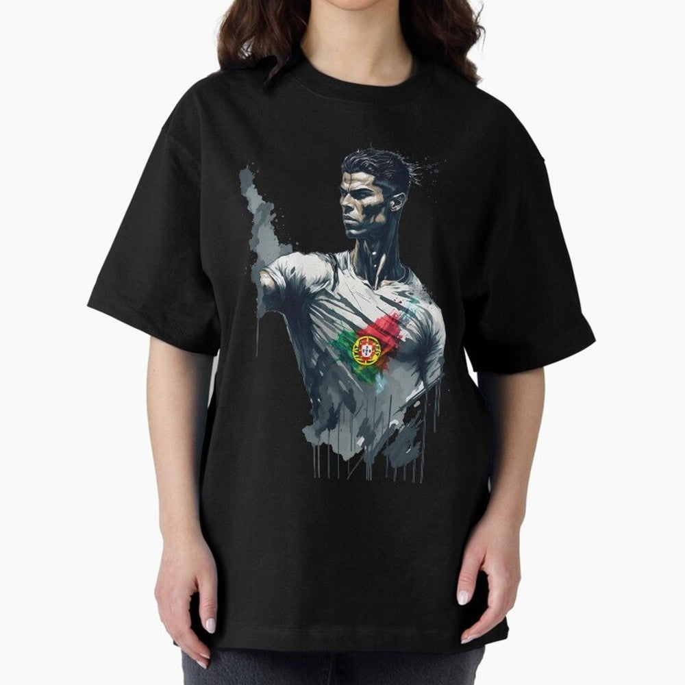 Cristiano Ronaldo splash art Oversized T-Shirt Celebrate Fan Culture around Global Football Passion for FIFA World Cup 2026, Celebrating CR7, Germany, Classic Soccer Heritage, Championship Pressure, Fan Loyalty and International Pride; Made for
