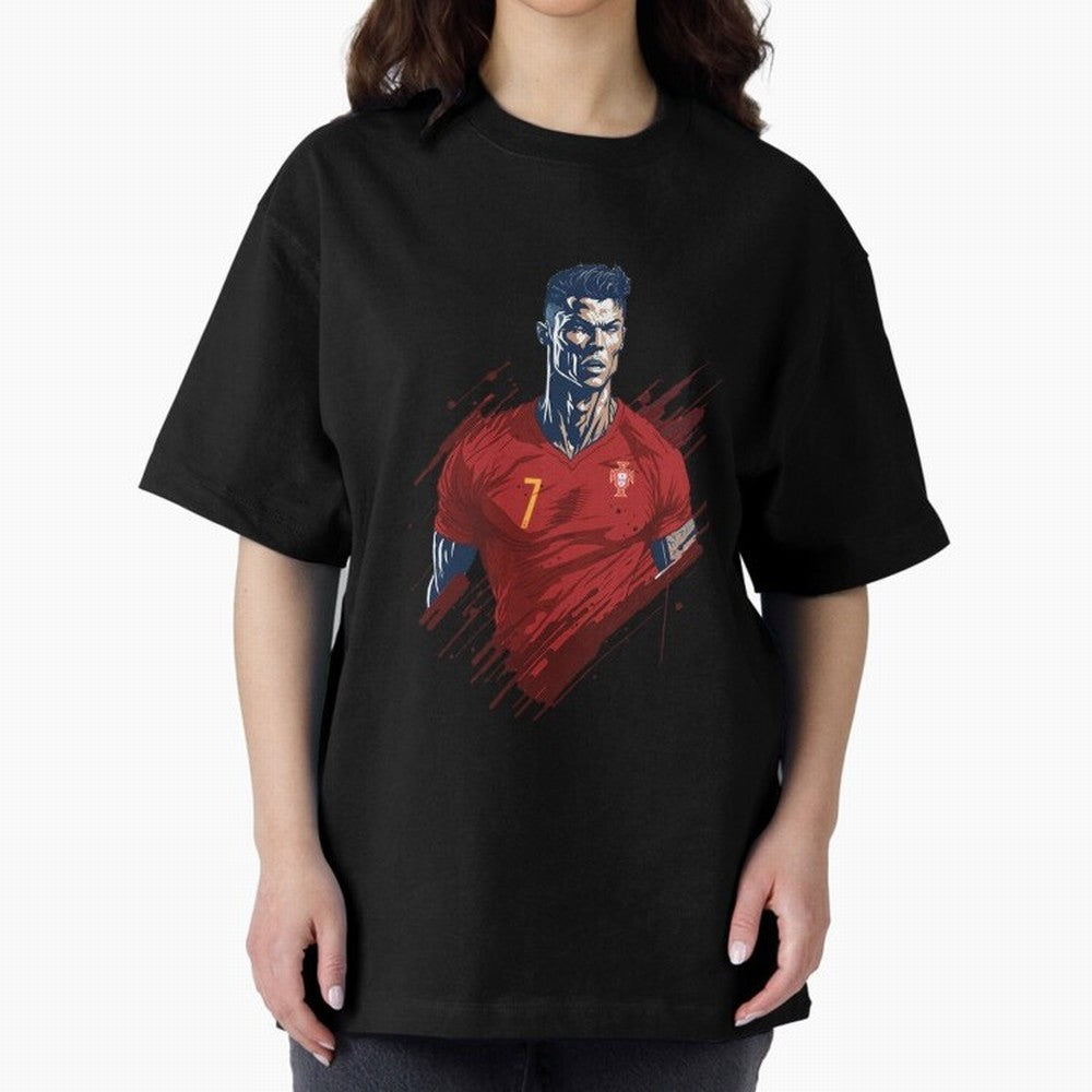 Cristiano Ronaldo splash art Oversized T-Shirt Support the FIFA World Cup 2026 Group Stage Journey through CR7 and Messi Highlights, Spain Pride, Championship Spirit, Famous Goals, Roaring Crowds and International Football Unity; Ideal for Fans Who