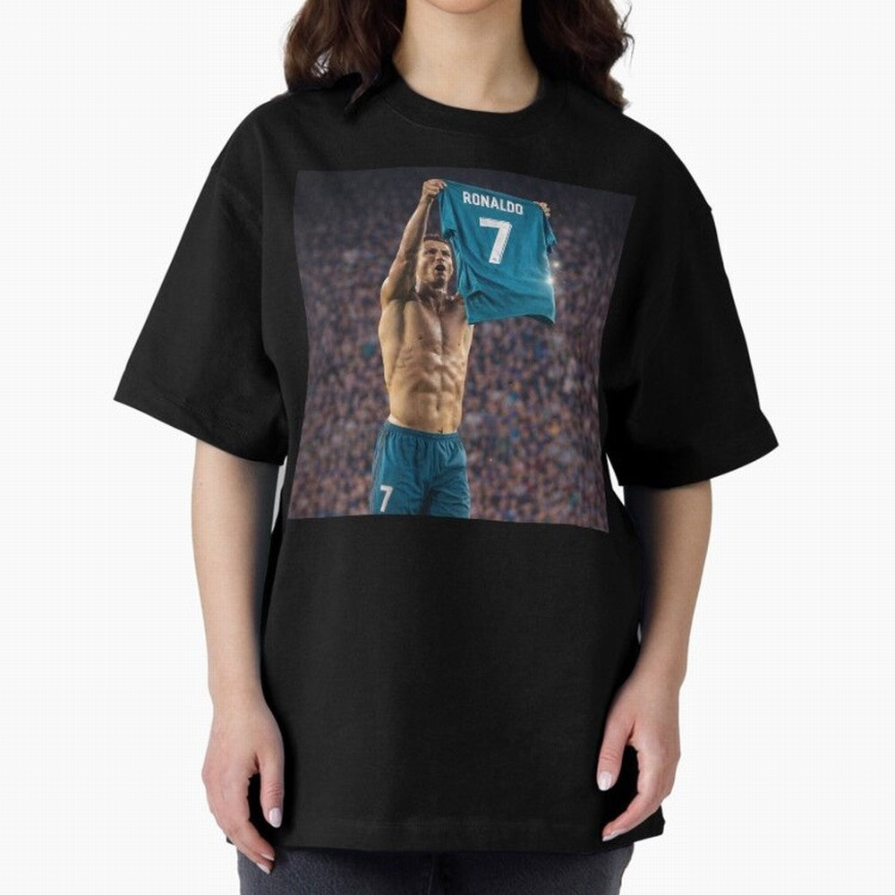 Ronaldo Holding Number Seven Shirt Oversized T-Shirt Upgrade FIFA World Cup 2026 USA Canada Mexico Capturing Haaland and Mbappe, Spain and Netherlands Energy, Retro Football Energy, Iconic Rivalries, Trophy Chase Drama and Stadium Atmosphere; Built