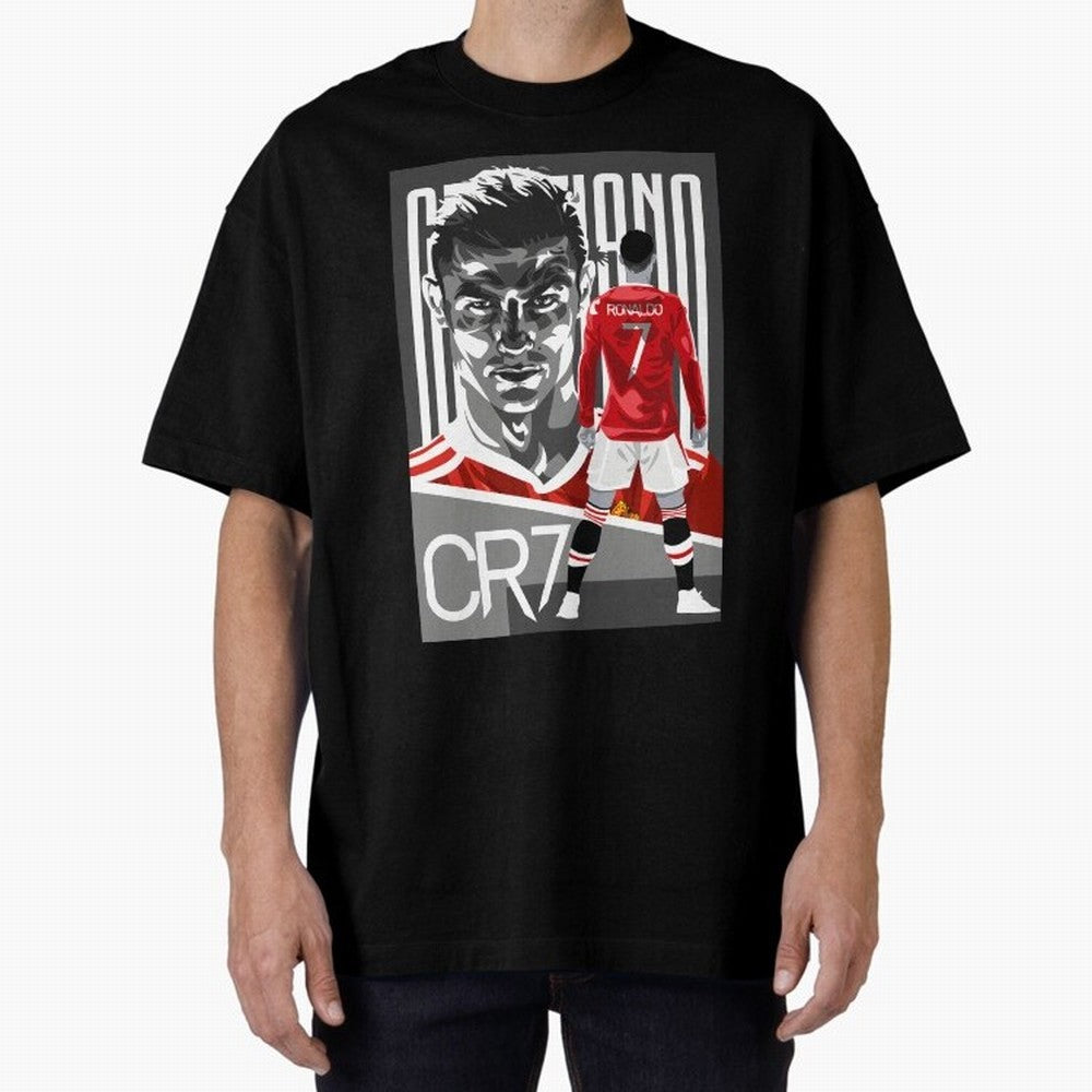 Cristiano Ronaldo In Red Oversized T-Shirt Represent the Passion of Match Day Hype around FIFA World Cup 2026 USA Canada Mexico, CR7, England, Retro Football Energy, Iconic Rivalries, Trophy Chase Drama and Stadium Atmosphere; Ideal for Football