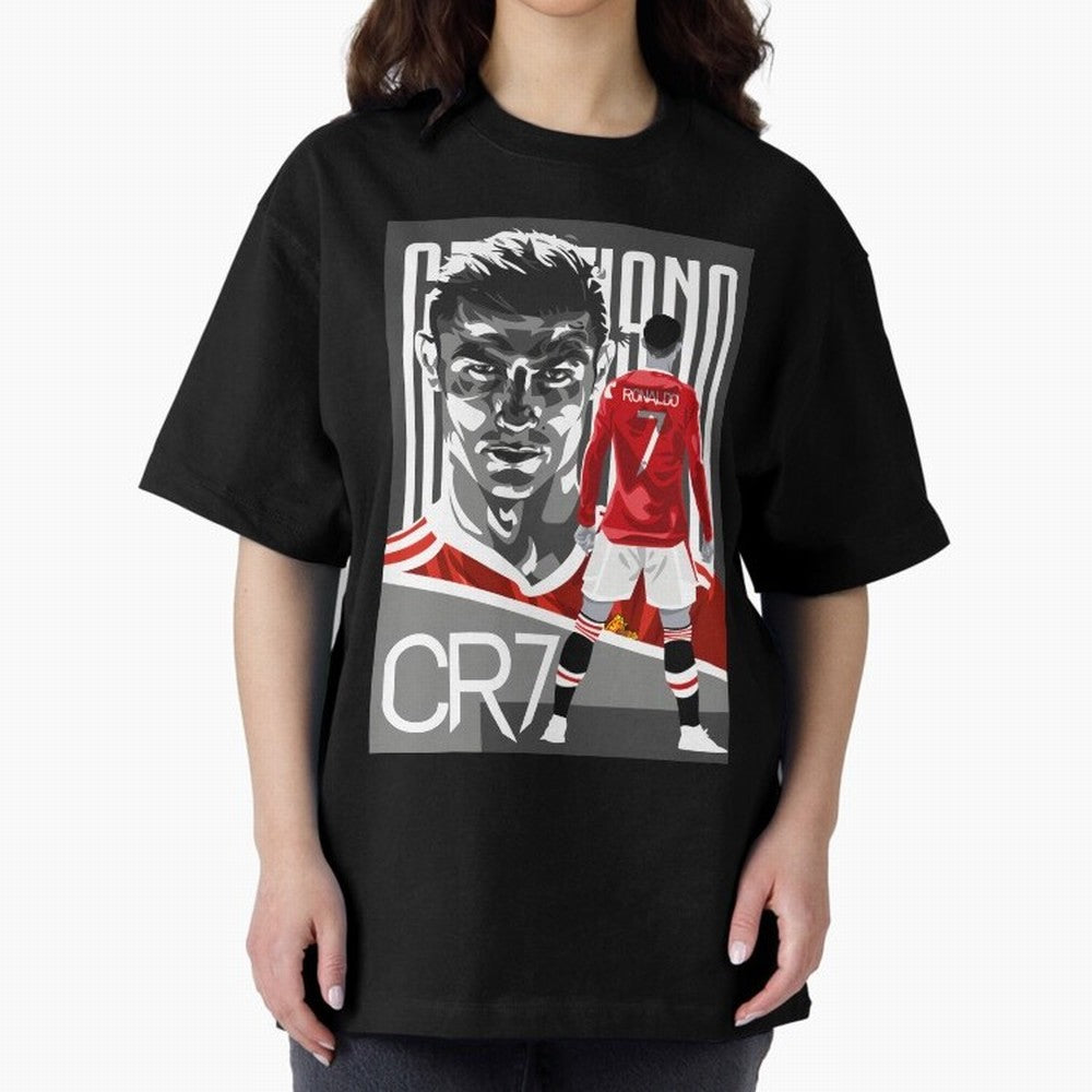Cristiano Ronaldo In Red Oversized T-Shirt Represent the Passion of Match Day Hype around FIFA World Cup 2026 USA Canada Mexico, CR7, England, Retro Football Energy, Iconic Rivalries, Trophy Chase Drama and Stadium Atmosphere; Ideal for Football