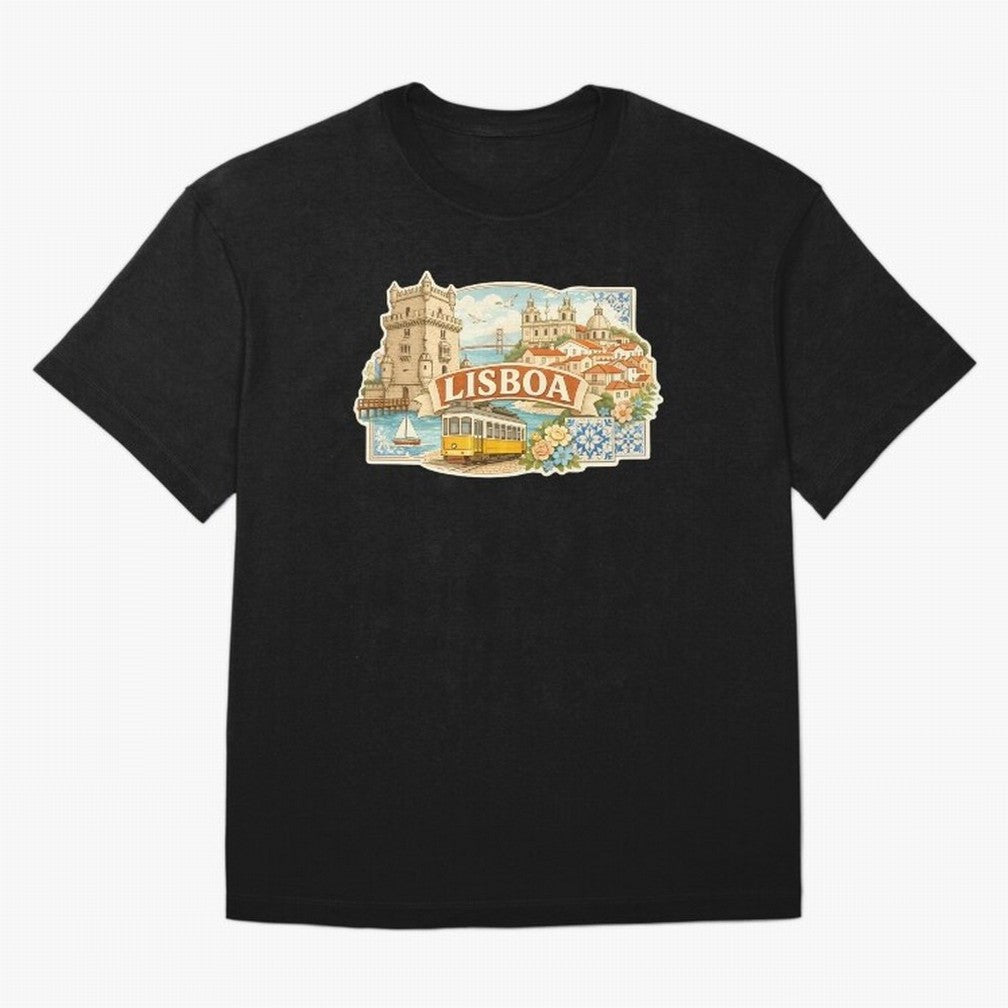 Vintage Tram Lisbon Illustration Oversized T-Shirt Show Match Day Excitement for FIFA World Cup 2026 Group Stage Spirit, Connected to Brazil, CR7, Classic Soccer Heritage, Championship Pressure, Fan Loyalty and International Pride; Built for