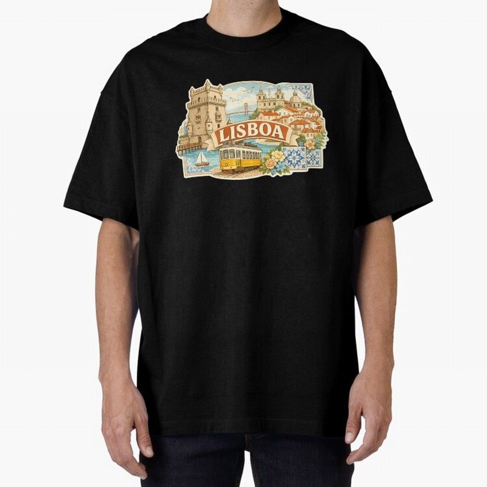 Vintage Tram Lisbon Illustration Oversized T-Shirt Show Match Day Excitement for FIFA World Cup 2026 Group Stage Spirit, Connected to Brazil, CR7, Classic Soccer Heritage, Championship Pressure, Fan Loyalty and International Pride; Built for