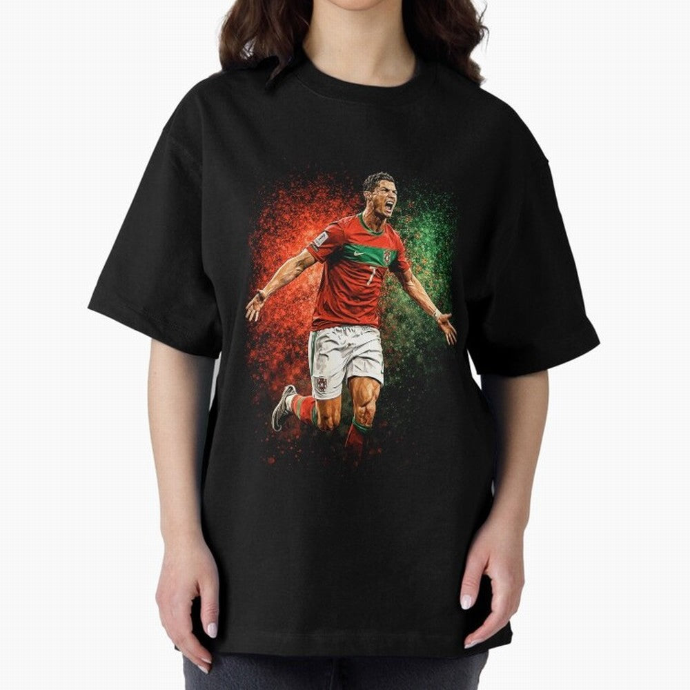 Cristiano Ronaldo Football Legend Oversized T-Shirt Follow the Road to FIFA World Cup 2026 USA Canada Mexico for Fans of Messi, CR7 and Mbappe and Argentina, France and Brazil, Bringing Vintage Soccer Flavor, Modern Football Stars, National Flags