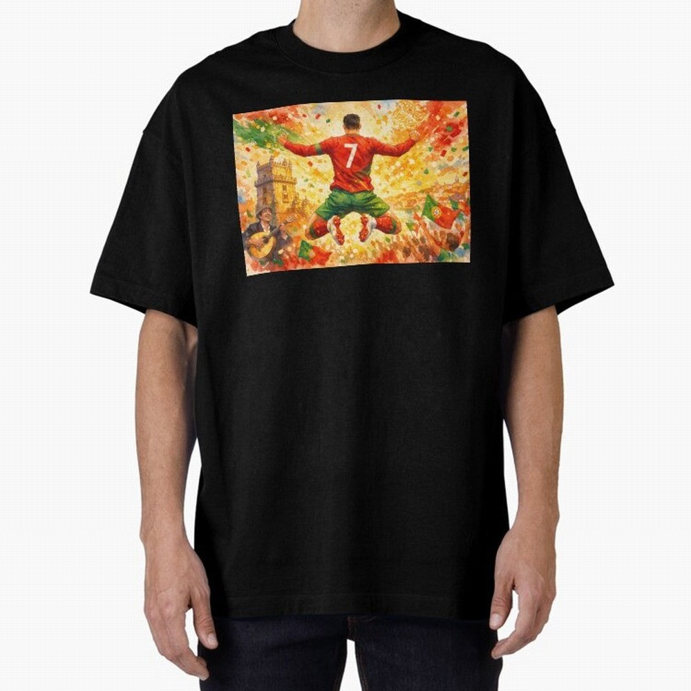 Soccer Player in Mid-Air Celebration Legend CR7 Oversized T-Shirt Discover Match Day Hype around FIFA World Cup 2026 Group Stage, Messi, CR7 and Mbappe, England and Germany, Worldwide Fan Energy, Dramatic Goals, Stadium Lights and Championship