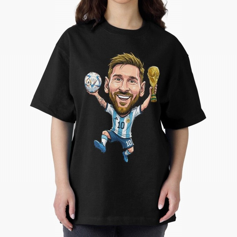 Messi Campion Caricatur Oversized T-Shirt Feel the Trophy Chase of Global Football Passion for FIFA World Cup 2026 USA Canada Mexico, Connected to Haaland, England, Fan Favorite Moments, National Team Passion, Big Match Drama and Soccer History;