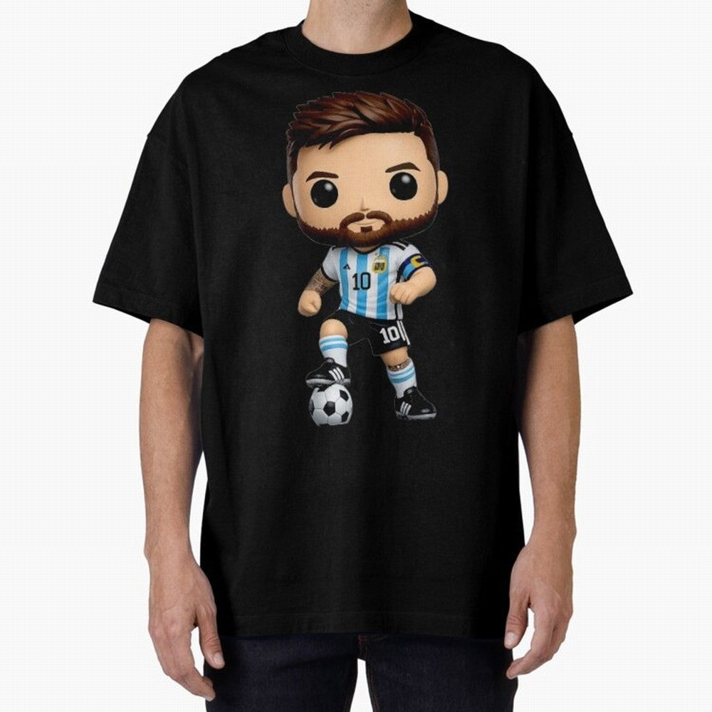 Lionel Messi Figurine Oversized T-Shirt Celebrate Unforgettable Nights in Global Football Passion for FIFA World Cup 2026 USA Canada Mexico, Centered on Messi and Cristiano Ronaldo, Argentina, Vintage Soccer Flavor, Modern Football Stars, National