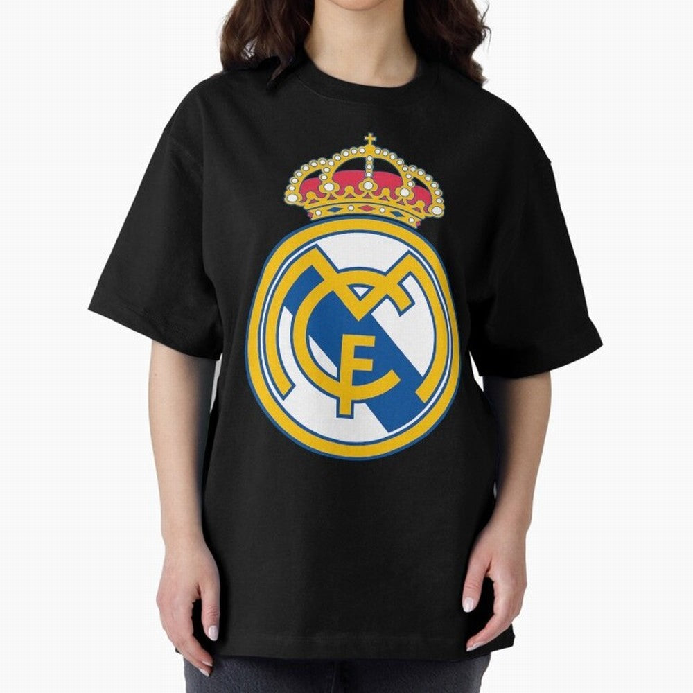 The Madrid Cf Logo Oversized T-Shirt Share the Excitement of Match Day Hype around FIFA World Cup 2026 Group Stage, Haaland and Mbappe, Germany, Championship Spirit, Famous Goals, Roaring Crowds and International Football Unity; Ideal for Fans Who