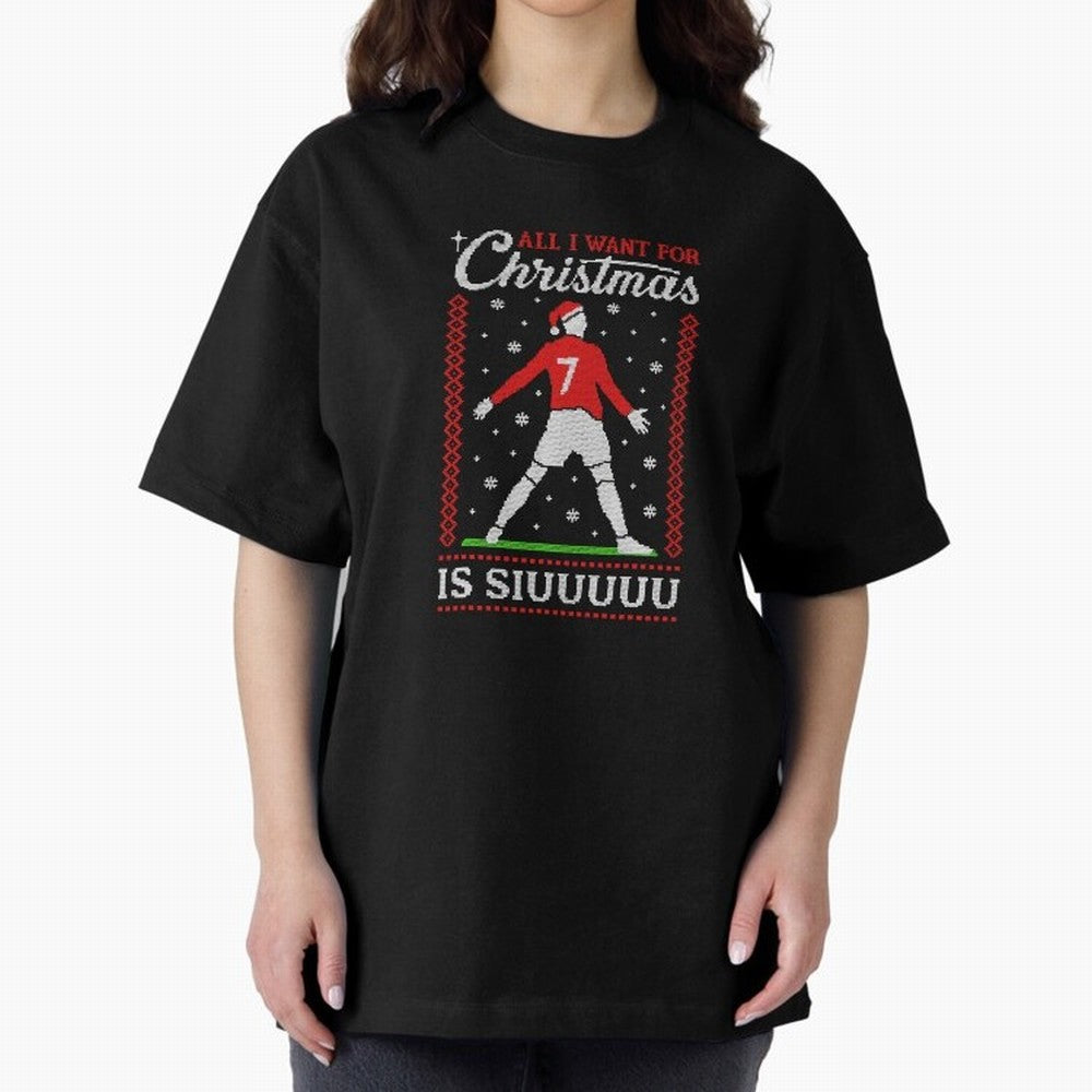 All I Want For Christmas Is Siuu Funny Christmas Festive Knitted Oversized T-Shirt Keep the Legacy of Global Football Passion for FIFA World Cup 2026 USA Canada Mexico, Featuring Messi, Neymar and Mbappe, England, France and Netherlands, Stadium