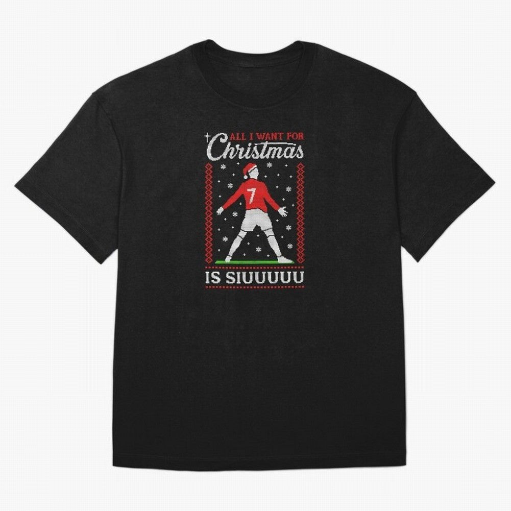 All I Want For Christmas Is Siuu Funny Christmas Festive Knitted Oversized T-Shirt Keep the Legacy of Global Football Passion for FIFA World Cup 2026 USA Canada Mexico, Featuring Messi, Neymar and Mbappe, England, France and Netherlands, Stadium