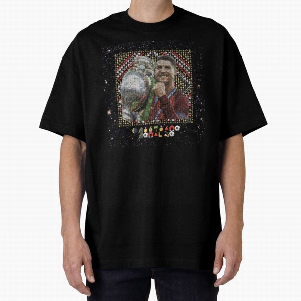 Cristiano Ronaldo Inspired Emoji Mosaic Art ¨C Football Champion Trophy Tribute Poster Oversized T-Shirt Keep the Match Day Mood of FIFA World Cup 2026 USA Canada Mexico Spirit, Celebrating Portugal, Spain and Germany, Haaland and Mbappe, Football