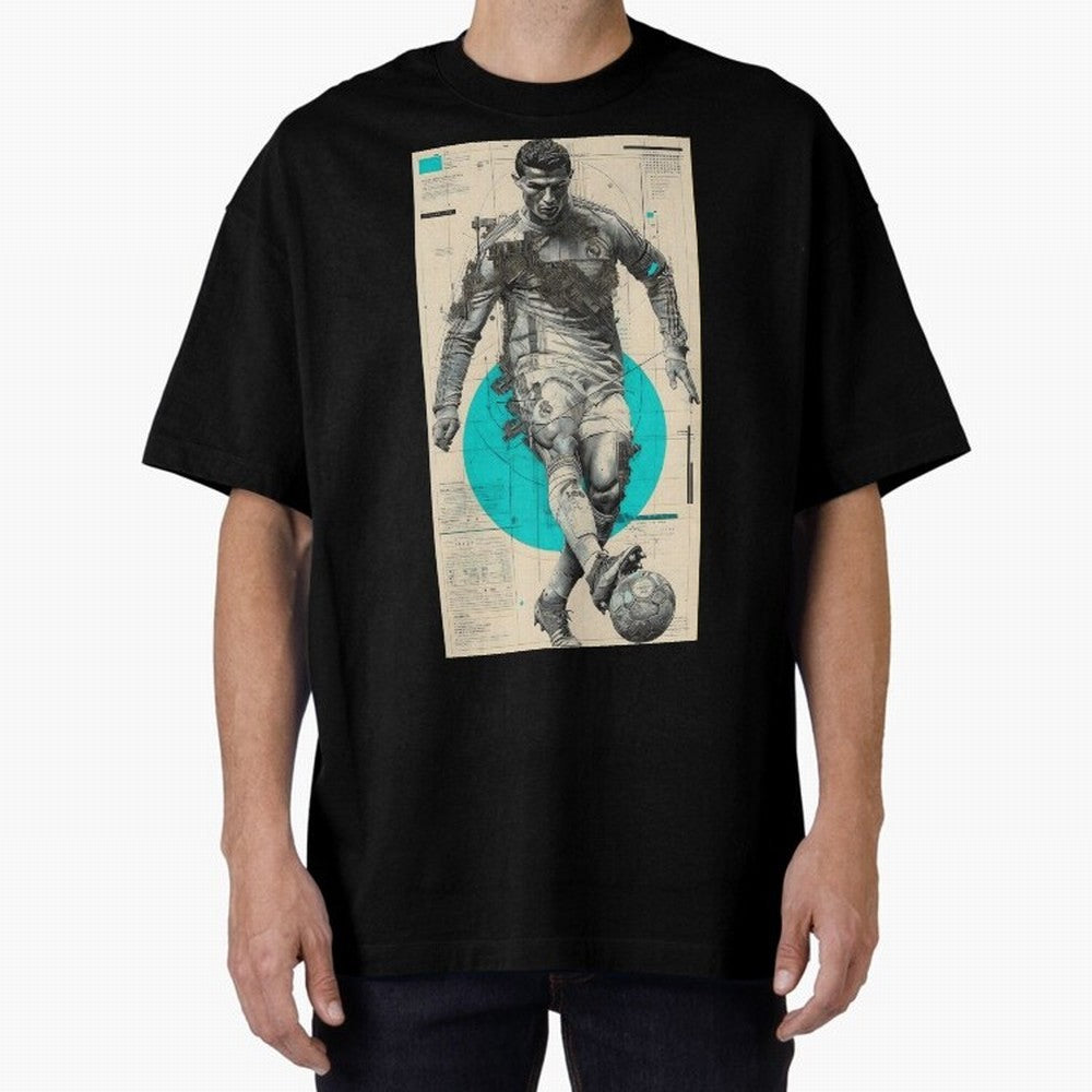 Futuristic Cristiano Ronaldo Illustration ¨C Cyber-Tech Football Art Oversized T-Shirt Make Your Look Match FIFA World Cup 2026 USA Canada Mexico with Messi, CR7 and Mbappe, France Energy, Goal Celebration Energy, Supporter Heritage, Football Icons