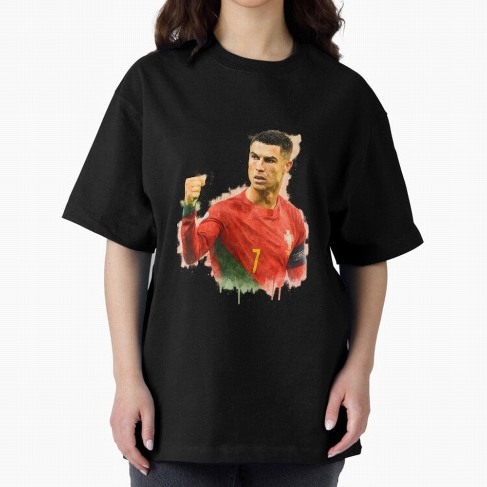 CR7 Cristiano Ronaldo potrait a powerful moment artwork Oversized T-Shirt Step into Global Football Passion for FIFA World Cup 2026 USA Canada Mexico, Filled with Messi, Neymar and Mbappe, Spain, Football History, Final Match Energy, Crowd Noise