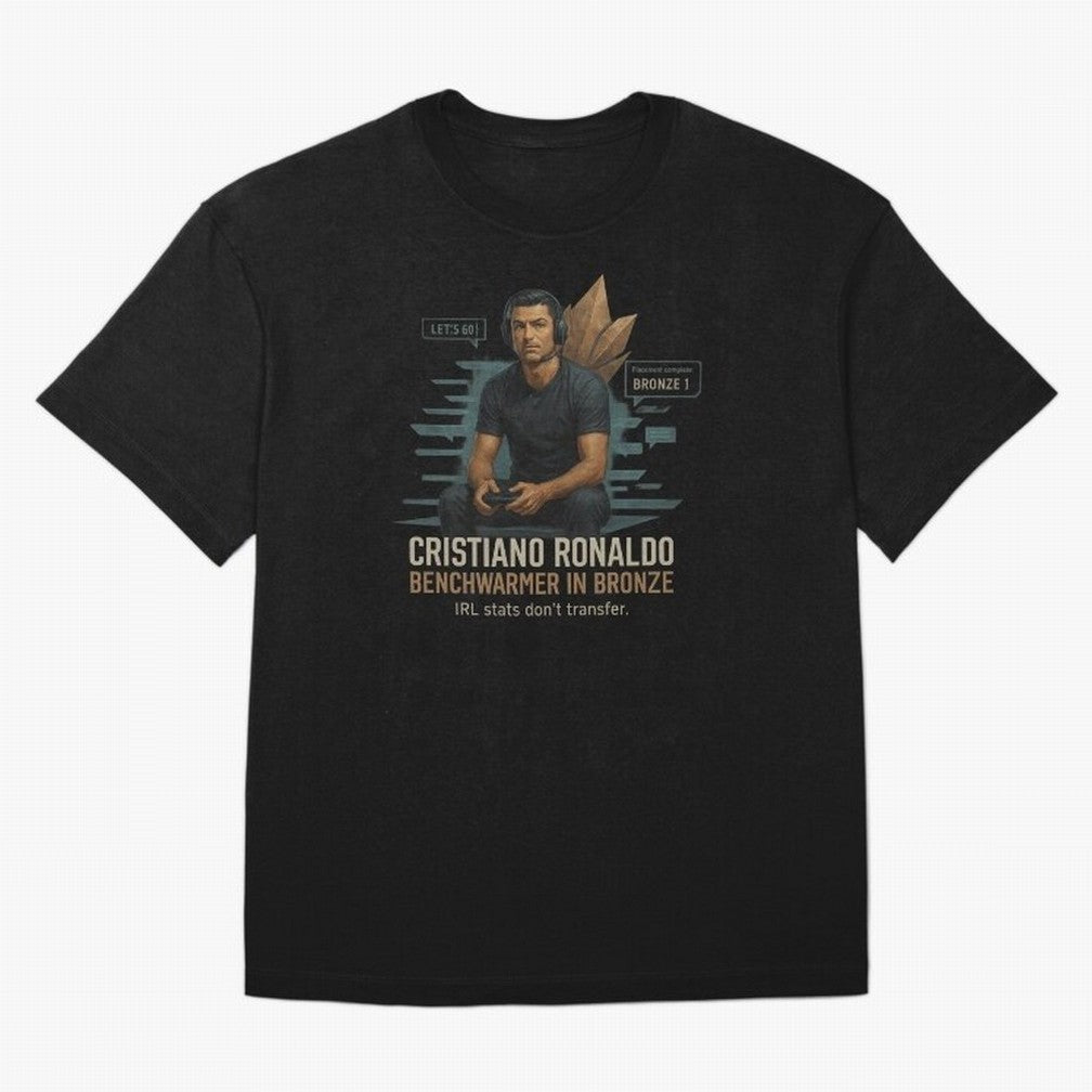 Cristiano Ronaldo Bronze Gamer ¨C Benchwarmers IRL Stats Don¡¯t Transfer Oversized T-Shirt Keep Football History Alive during Global Football Passion for FIFA World Cup 2026 Group Stage, Built around Messi, CR7 and Mbappe, Argentina, France and
