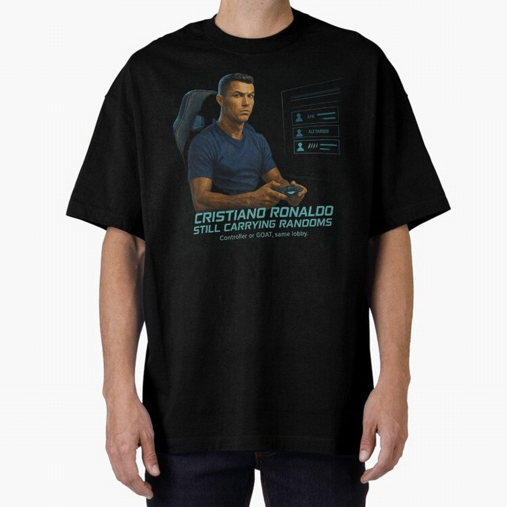 Cristiano Gamer Mode ¡ª Still Carrying Randoms Oversized T-Shirt Refresh FIFA World Cup 2026 Group Stage Spirit, Filled with England, Cristiano Ronaldo, Haaland and CR7, Sports Nostalgia, International Competition, Famous Players and Unforgettable