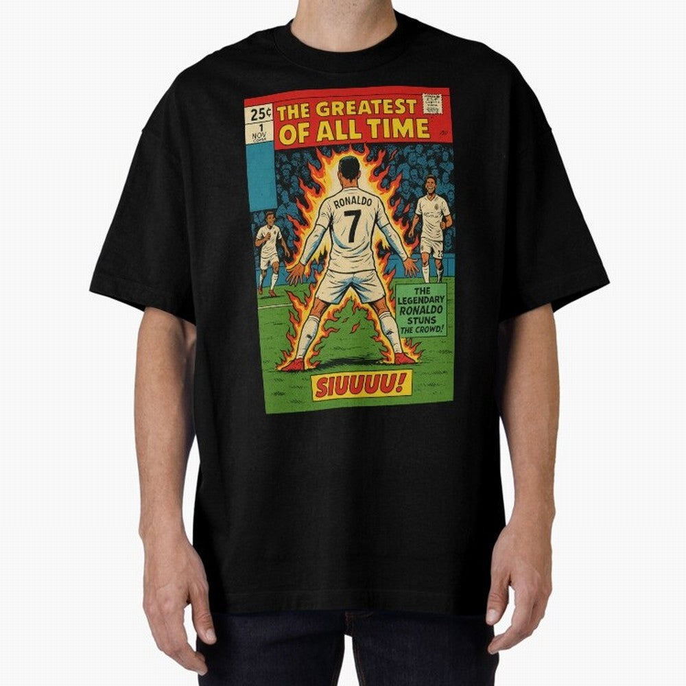 CR7 comic cover Oversized T-Shirt Make Memories around FIFA World Cup 2026 Group Stage Filled with CR7 and Messi, England and Germany Energy, Supporter Pride, Iconic Celebrations, Legendary Names and Global Match Day Energy; Made for Die Hard