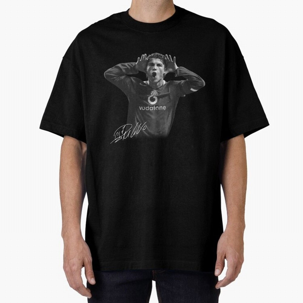 Black and White Cristiano Ronaldo T-Shirt Young Manchester Ronaldo - Celebration Oversized T-Shirt Support the FIFA World Cup 2026 Journey through CR7 Highlights, Netherlands Pride, Championship Spirit, Famous Goals, Roaring Crowds and