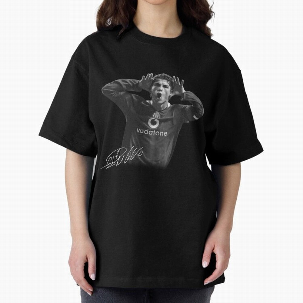 Black and White Cristiano Ronaldo T-Shirt Young Manchester Ronaldo - Celebration Oversized T-Shirt Support the FIFA World Cup 2026 Journey through CR7 Highlights, Netherlands Pride, Championship Spirit, Famous Goals, Roaring Crowds and