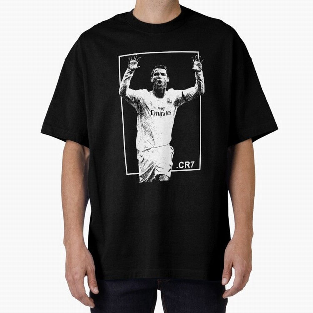 Cristiano Ronaldo CR7 in Black and White Design Oversized T-Shirt Follow the Road to the FIFA World Cup 2026 USA Canada Mexico Journey through Messi, Neymar and Mbappe Highlights, Portugal, Spain and Germany Pride, Football Passion, Legendary