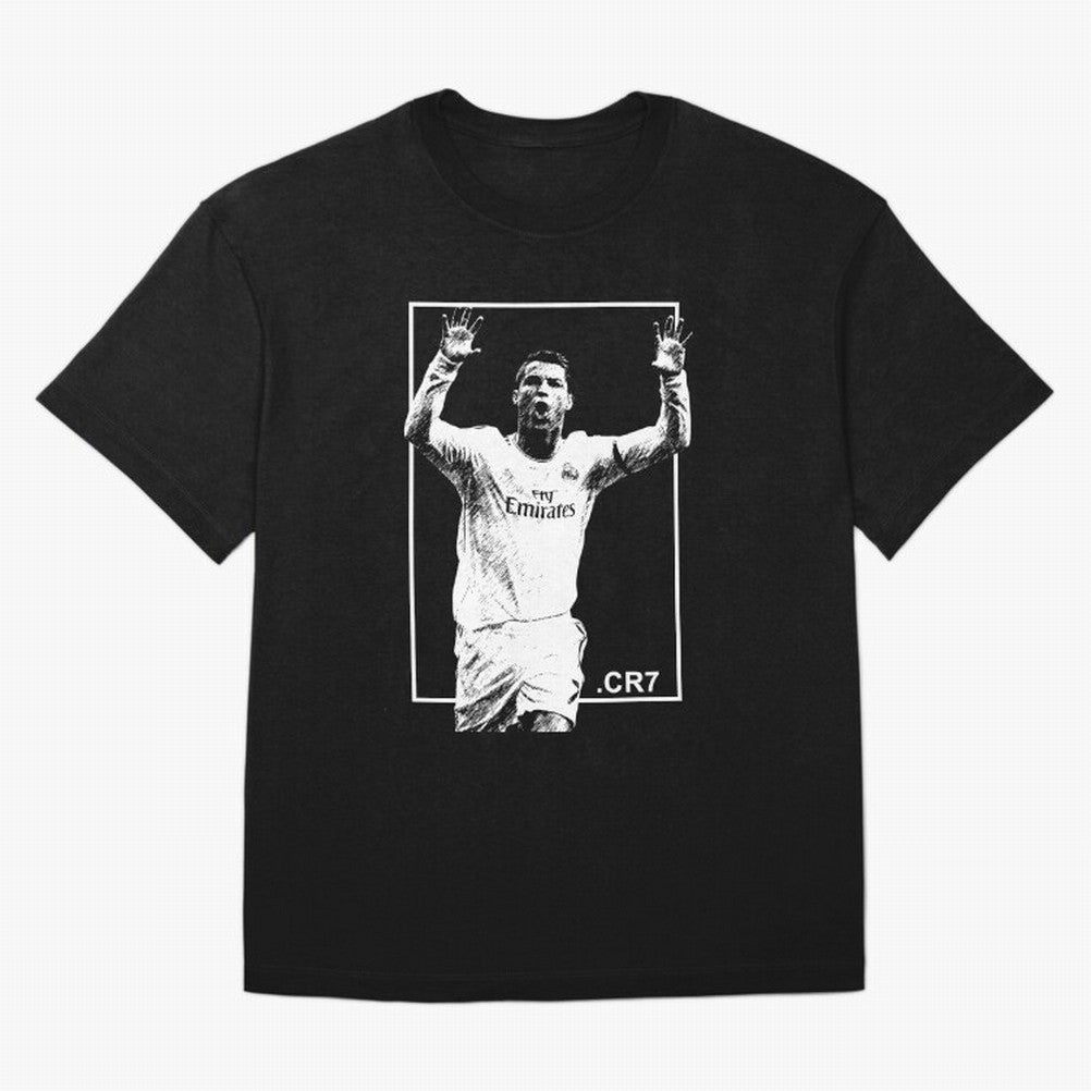 Cristiano Ronaldo CR7 in Black and White Design Oversized T-Shirt Follow the Road to the FIFA World Cup 2026 USA Canada Mexico Journey through Messi, Neymar and Mbappe Highlights, Portugal, Spain and Germany Pride, Football Passion, Legendary