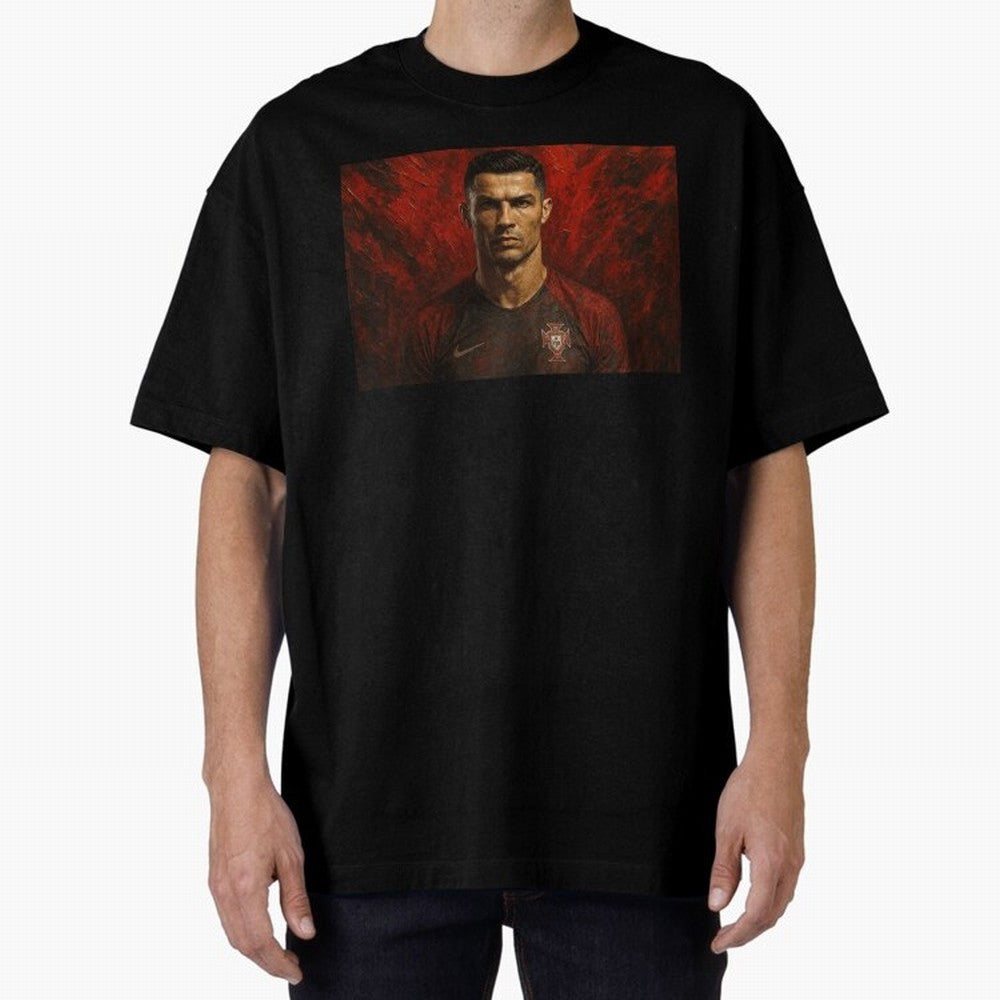 Cristiano Ronaldo Portrait Oversized T-Shirt Honor the Beautiful Game during the FIFA World Cup 2026 Group Stage Journey through CR7 Highlights, France Pride, Vintage Soccer Flavor, Modern Football Stars, National Flags and Final Night Emotion;