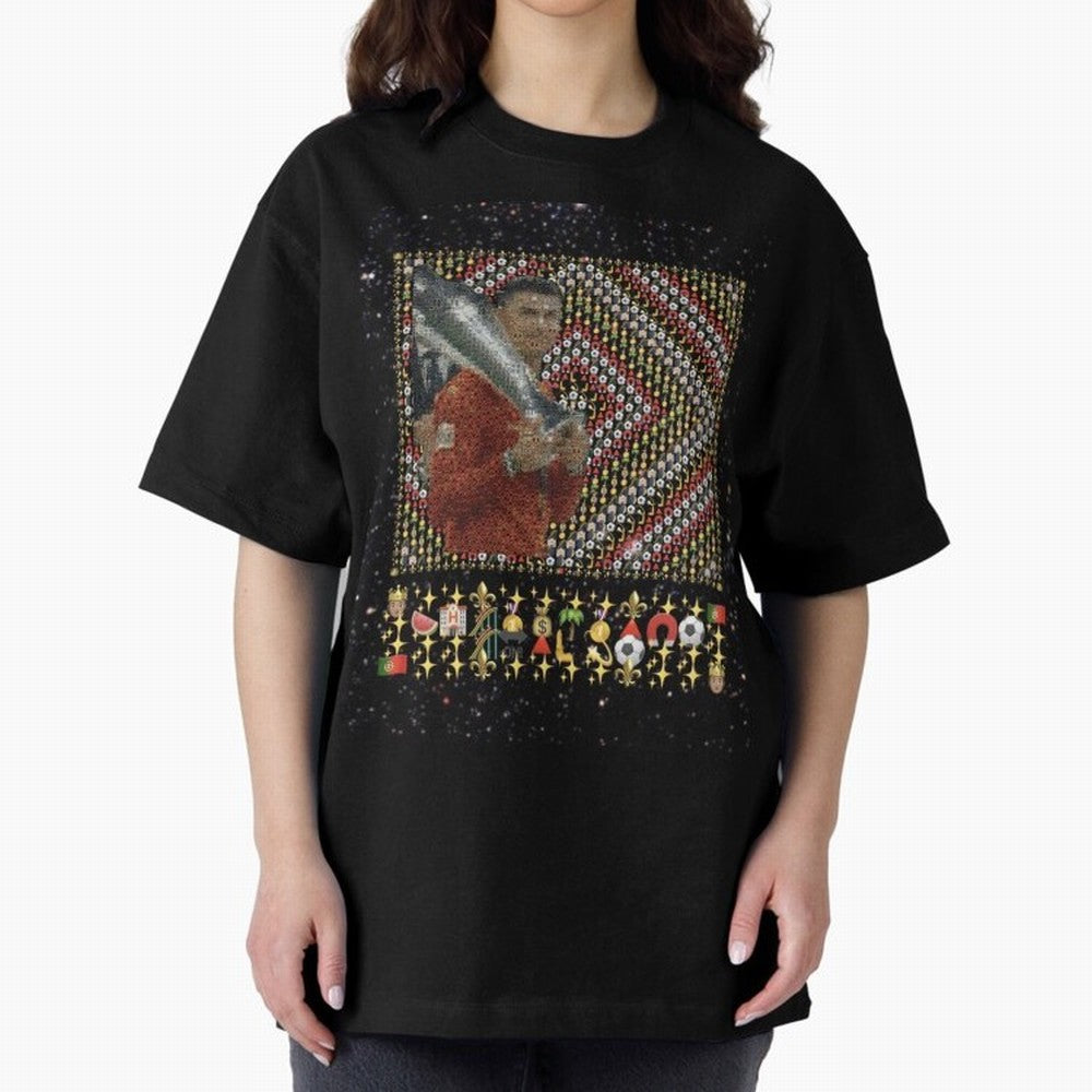 Iconic Emojified Football Legend Holding Victory Trophy | Inspired Art Oversized T-Shirt Stand Out with Spirit from FIFA World Cup 2026 USA Canada Mexico for Fans of Mbappe and Neymar and England, France and Netherlands, Bringing Match Day