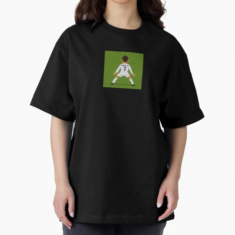 Cristiano Ronaldo Real Madrid Pixel Siuuu Art Oversized T-Shirt Stand with FIFA World Cup 2026 Group Stage Spirit, Celebrating Netherlands, Messi, CR7 and Mbappe, Classic Soccer Heritage, Championship Pressure, Fan Loyalty and International Pride;