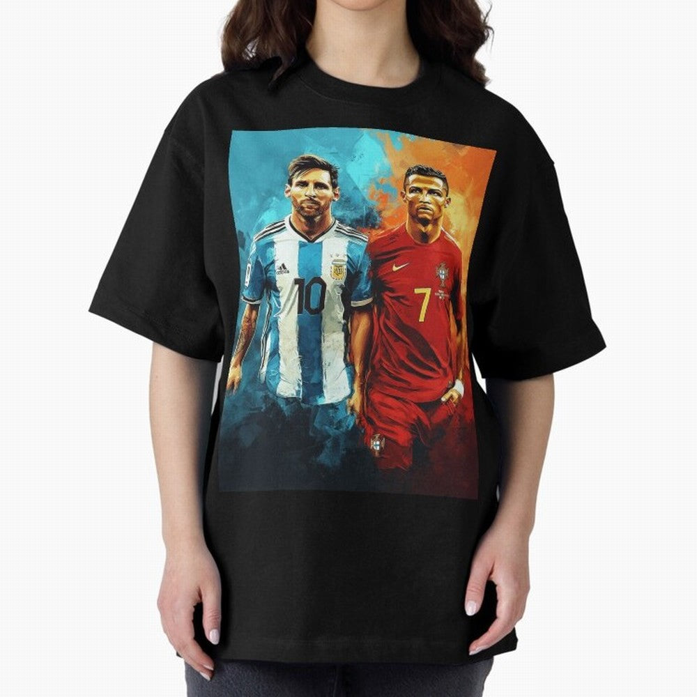 Lionel Messi and Cristiano Ronaldo Oversized T-Shirt Bring Match Day Fire to FIFA World Cup 2026 for Fans of Messi, CR7 and Mbappe and Portugal, Bringing Goal Celebration Energy, Supporter Heritage, Football Icons and Worldwide Tournament Joy;