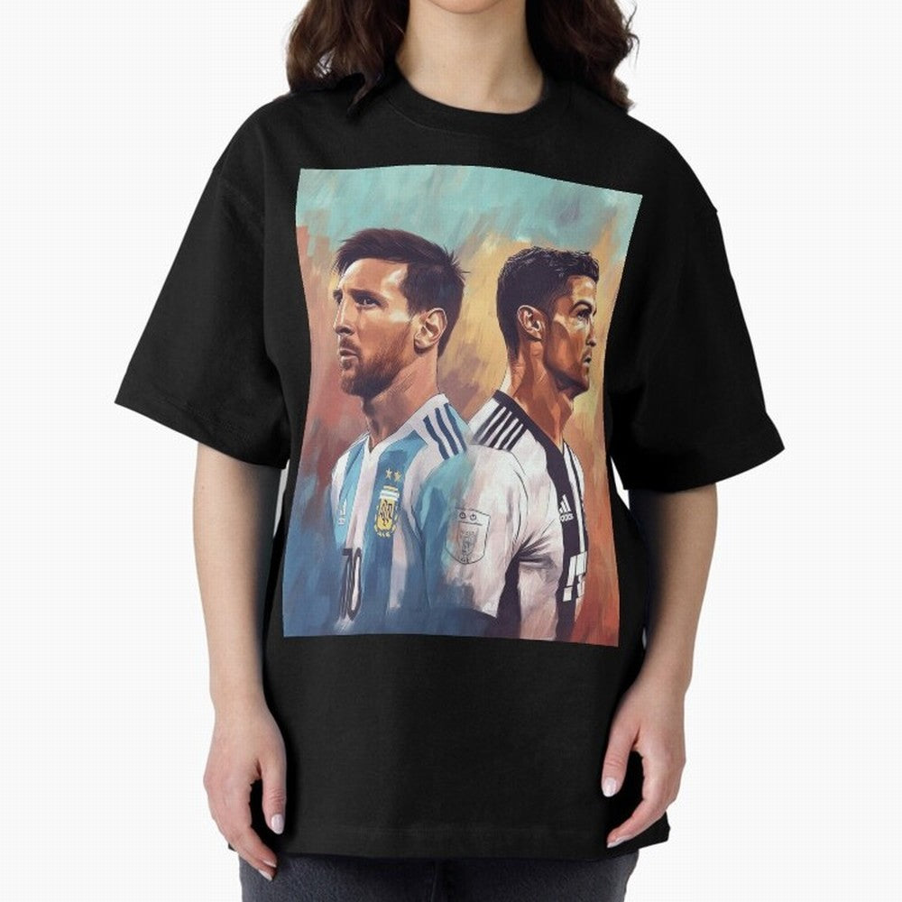 Lionel Messi and Cristiano Ronaldo Oversized T-Shirt Share the Excitement of the FIFA World Cup 2026 Journey through CR7 and Messi Highlights, Germany Pride, Vintage Soccer Flavor, Modern Football Stars, National Flags and Final Night Emotion;