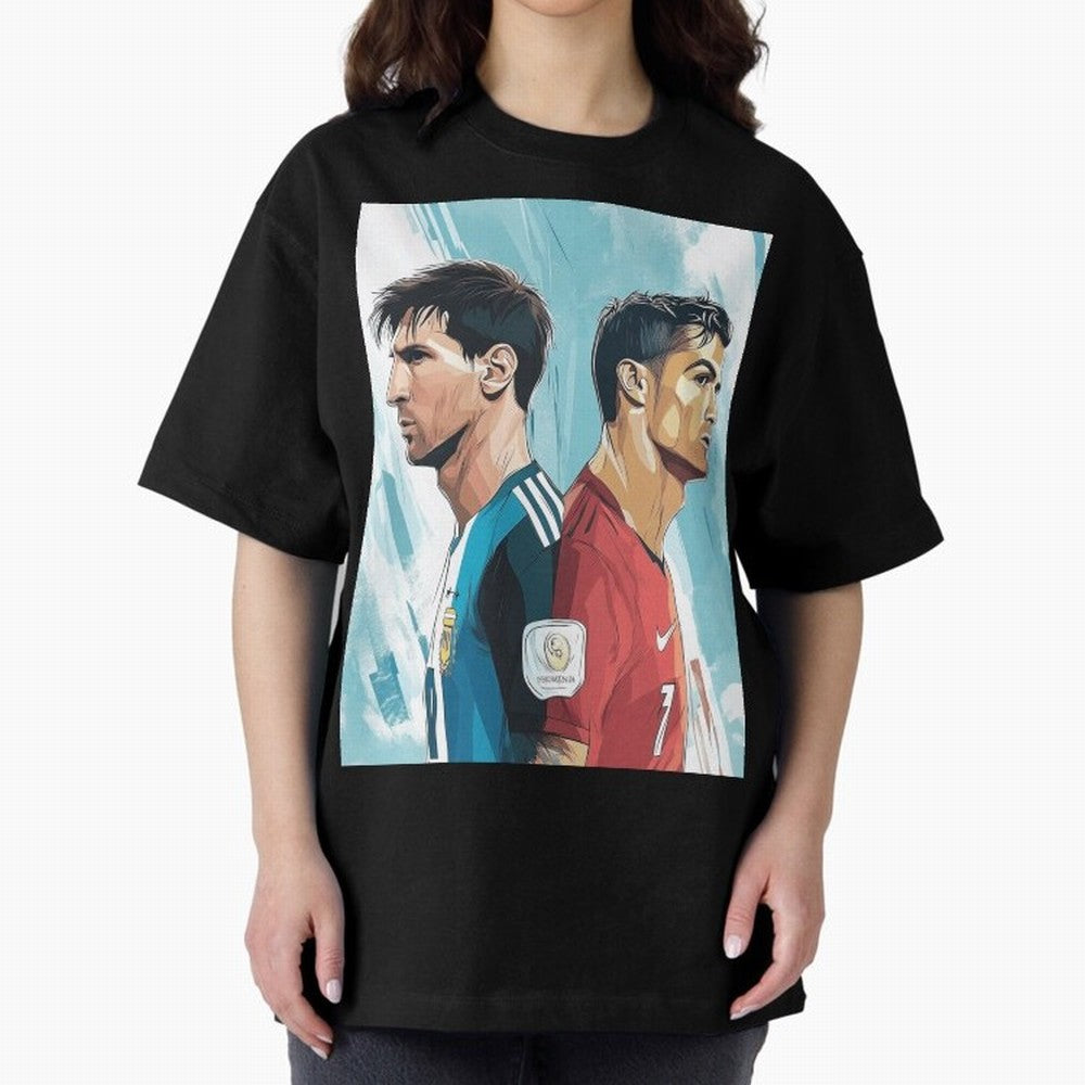 Lionel Messi and Cristiano Ronaldo Oversized T-Shirt Feel the Trophy Chase of FIFA World Cup 2026 USA Canada Mexico Spirit, Built around Spain and Netherlands, Messi, Vintage Soccer Flavor, Modern Football Stars, National Flags and Final Night