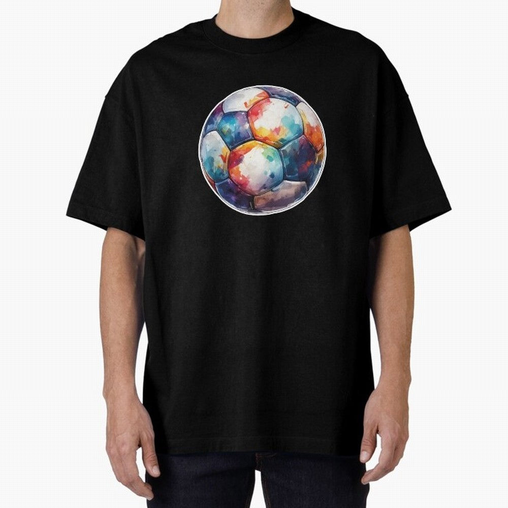 Football Soccer Ball Watercolor Illustration Drawing (Gray Blue BG) Oversized T-Shirt Mark FIFA World Cup 2026 USA Canada Mexico Celebrating Mbappe and Neymar, England, France and Netherlands Energy, Sports Nostalgia, International Competition,