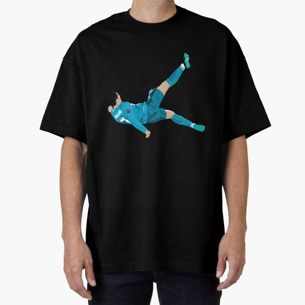 Cristiano Ronaldo Bicycle Kick Oversized T-Shirt Celebrate Supporters United by Global Football Passion for FIFA World Cup 2026, Capturing Neymar, England, Retro Football Energy, Iconic Rivalries, Trophy Chase Drama and Stadium Atmosphere; Perfect