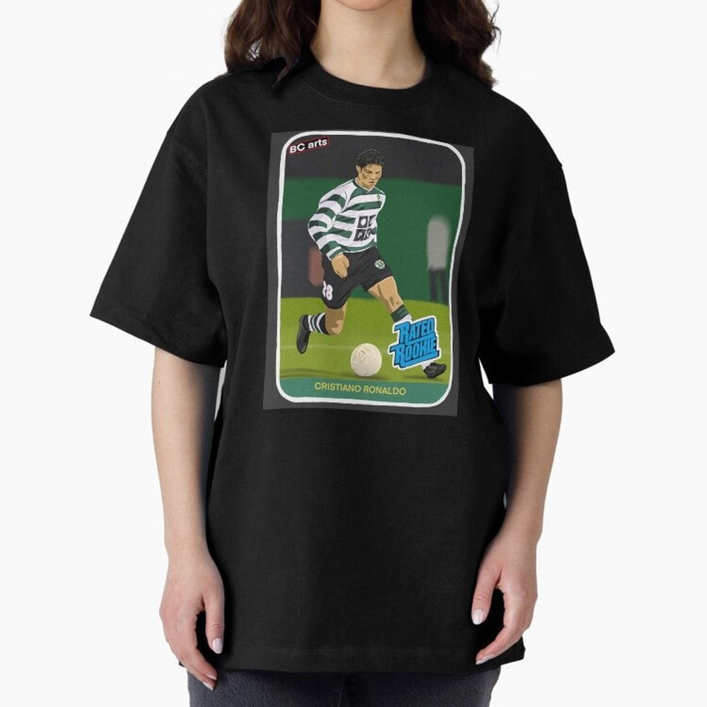 Sporting Lisbon Cristiano Ronaldo Rookie Card Artwork Oversized T-Shirt Bring Retro Soccer Energy to FIFA World Cup 2026 for Fans of Messi and Cristiano Ronaldo and England, France and Netherlands, Bringing Football History, Final Match Energy,