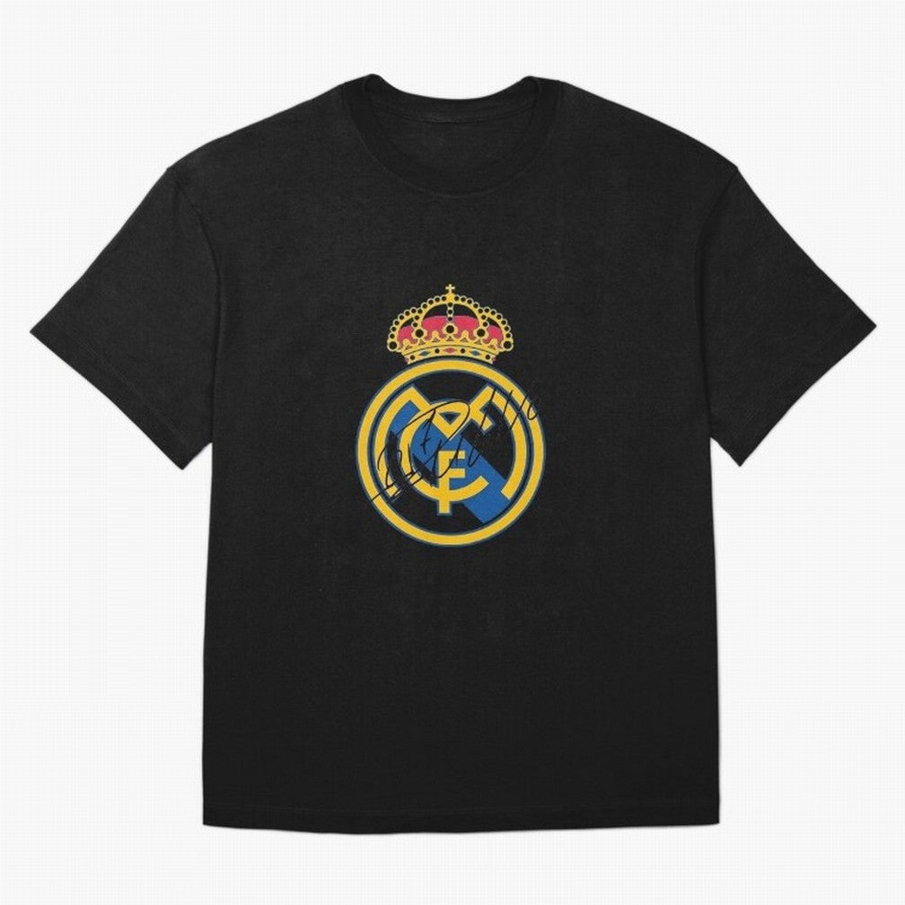 Real Madrid C.F. crest with Cristiano Ronaldo's autograph Oversized T-Shirt Represent Global Football Passion for FIFA World Cup 2026 Group Stage, Highlighting Haaland and Mbappe, England, France and Netherlands, Game Day Rituals, Football Legends,