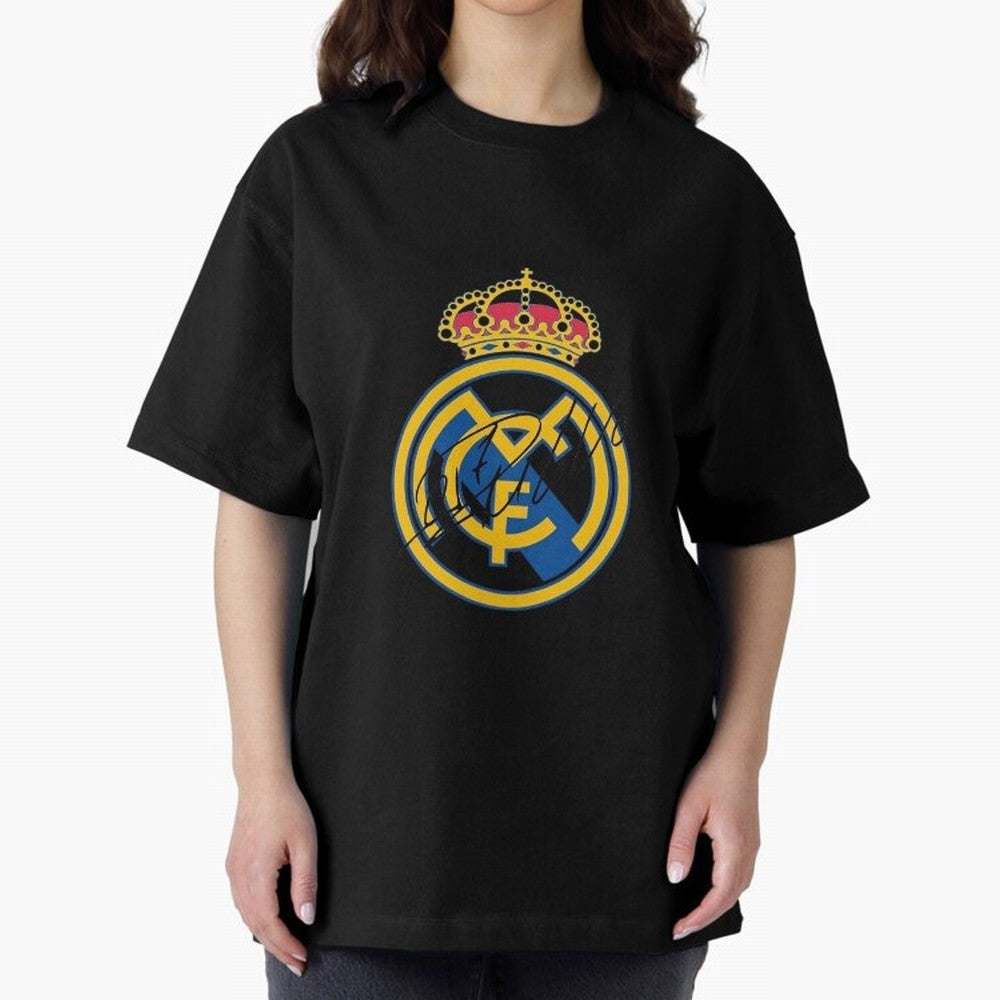 Real Madrid C.F. crest with Cristiano Ronaldo's autograph Oversized T-Shirt Represent Global Football Passion for FIFA World Cup 2026 Group Stage, Highlighting Haaland and Mbappe, England, France and Netherlands, Game Day Rituals, Football Legends,