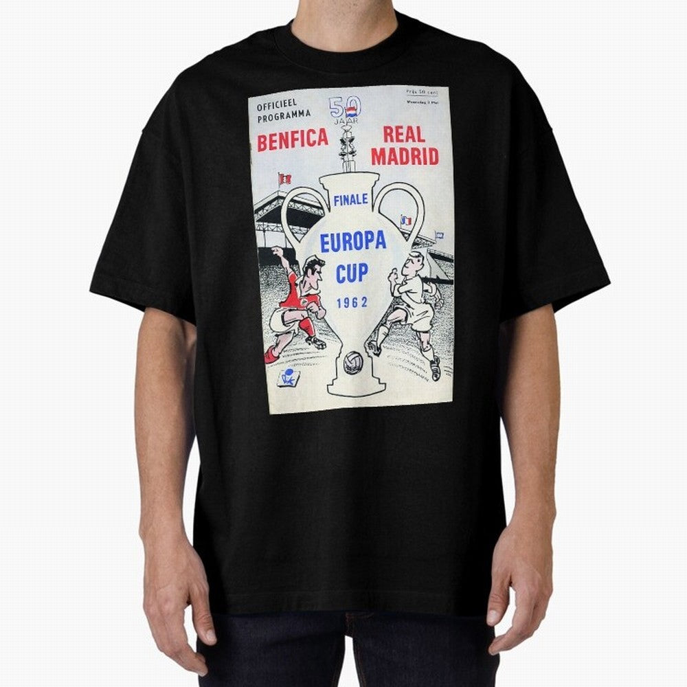 Vintage Champions League Final Poster - Real Madrid vs Benfica Oversized T-Shirt Represent the FIFA World Cup 2026 USA Canada Mexico Journey through Messi Highlights, Netherlands Pride, Retro Football Energy, Iconic Rivalries, Trophy Chase Drama