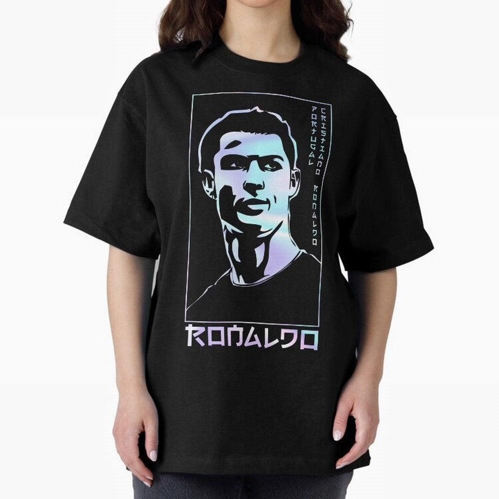 Ronaldo holographic Style Portrait art illustration Oversized T-Shirt Show Match Day Excitement for Match Day Hype around FIFA World Cup 2026, Messi, Neymar and Mbappe, England, France and Netherlands, Champion Mindset, Group Stage Buzz, Knockout