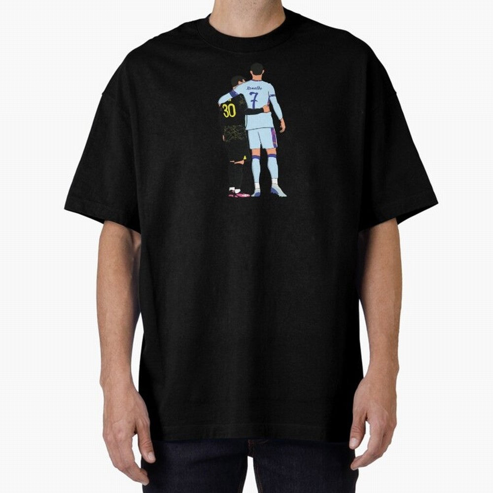 Messi and Ronaldo Reunion Illustration Oversized T-Shirt Showcase FIFA World Cup 2026 Centered on Cristiano Ronaldo, Argentina and Brazil Energy, Classic Soccer Heritage, Championship Pressure, Fan Loyalty and International Pride; Perfect for