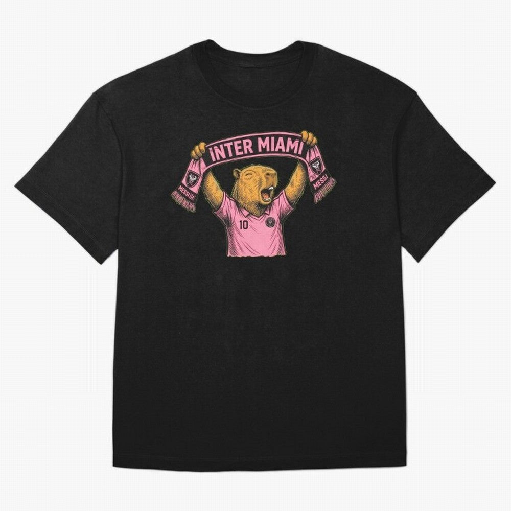 Capybara Inter Miami Fan Celebrating ¨C Funny Soccer Illustration with Scarf Oversized T-Shirt Feel the Roar of Match Day Hype around FIFA World Cup 2026, Messi and Cristiano Ronaldo, Argentina and Brazil, Football History, Final Match Energy,