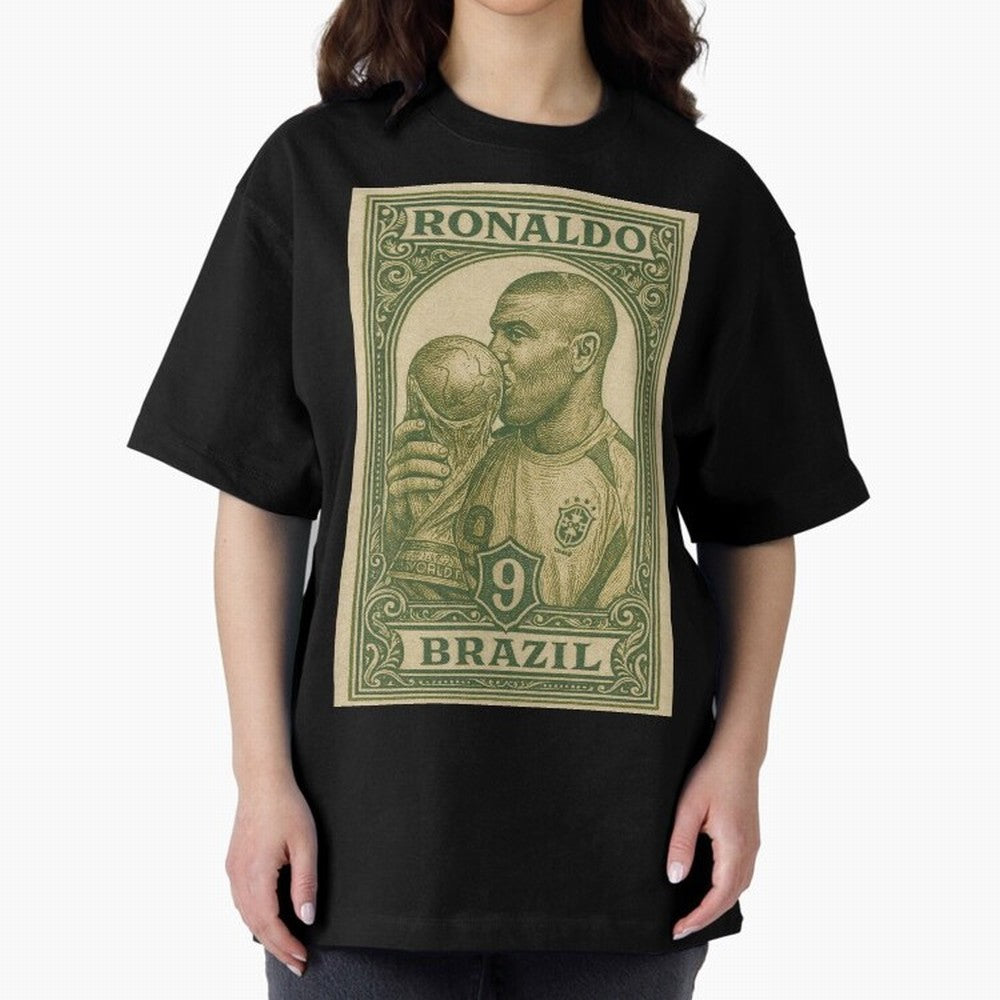 Vintage Brazilian Ronaldo Fenomeno R9 Football Legend Stamp Illustration ¨C Retro Soccer World Cup Art Print Oversized T-Shirt Honor Football Greatness during FIFA World Cup 2026 USA Canada Mexico Made for Neymar, Haaland and Cristiano Ronaldo,