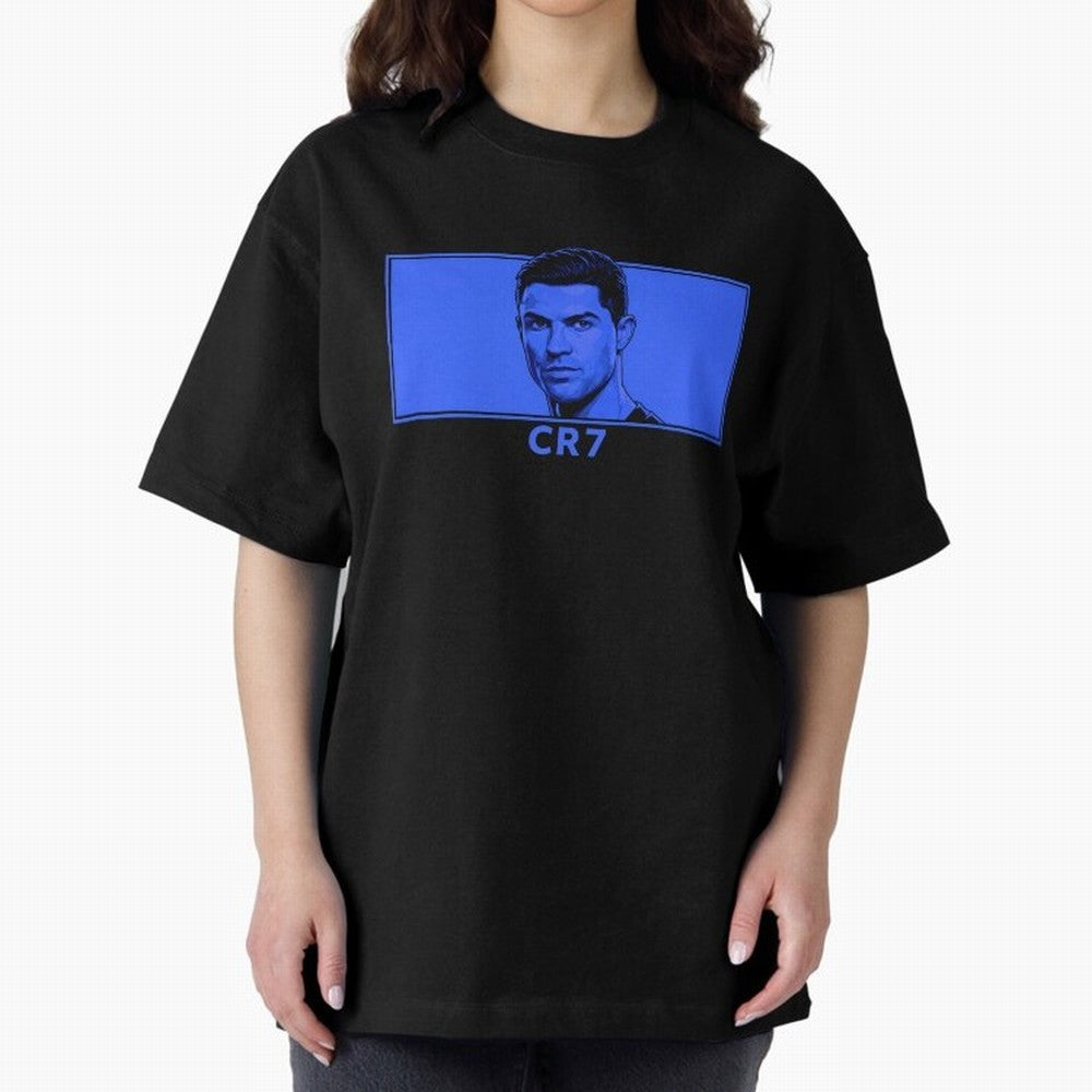 Ronaldo CR7 Blue Vector Portrait - Pop Comic Oversized T-Shirt Show Your Love for Match Day Hype around FIFA World Cup 2026, Haaland and Mbappe, Spain and Netherlands, Soccer Culture, Superstar Moments, National Team Dreams and Competitive Fire;