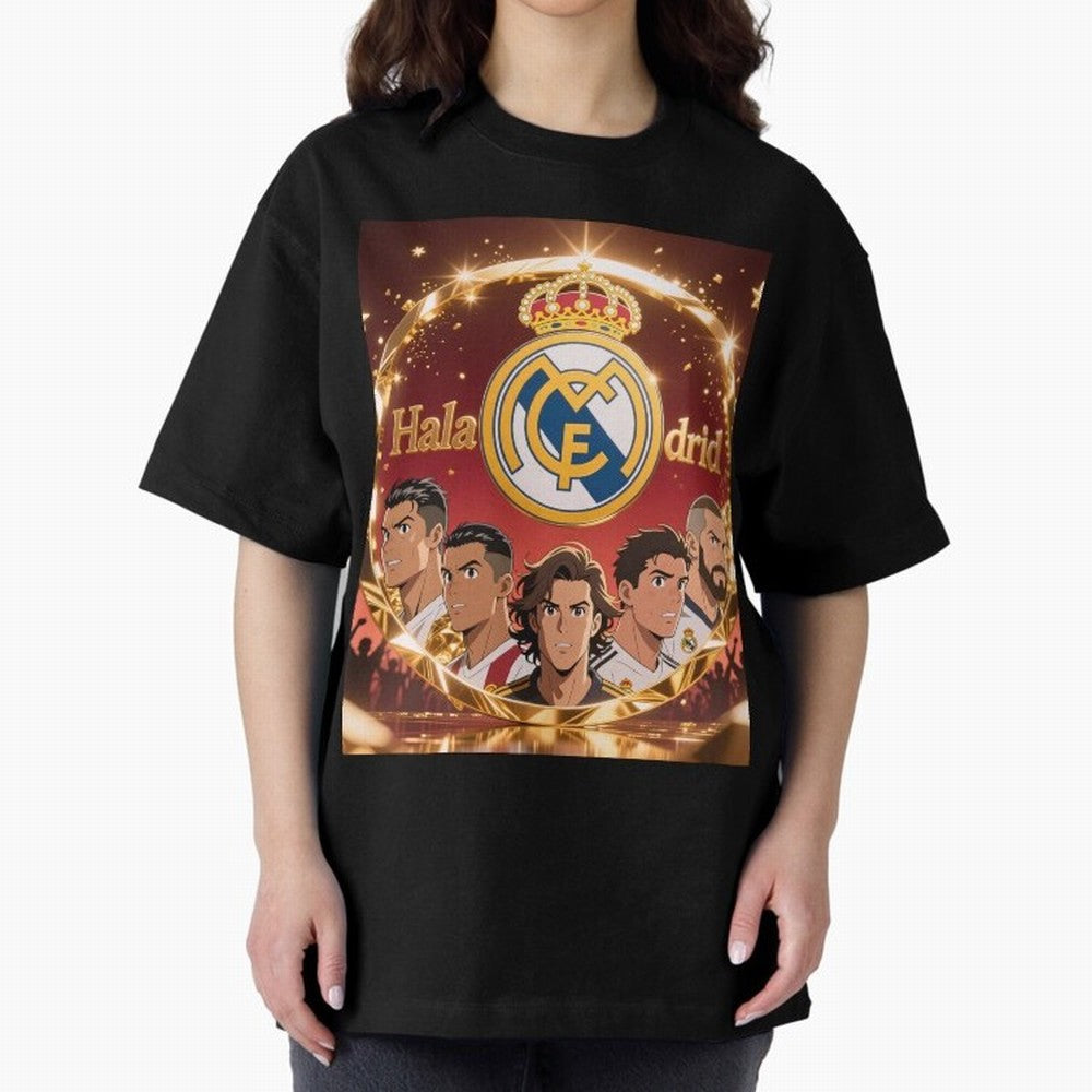 Estrellas del Real Madrid Oversized T-Shirt Celebrate the Road through Global Football Passion for FIFA World Cup 2026 Group Stage, Capturing Neymar, Haaland and Cristiano Ronaldo, England and Germany, Football History, Final Match Energy, Crowd