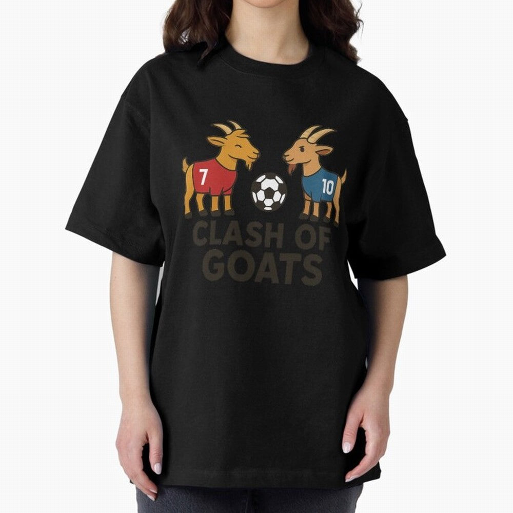 Clash of GOATs ¨C Funny Ronaldo vs Messi Inspired Football T-Shirt Design Oversized T-Shirt Elevate FIFA World Cup 2026 USA Canada Mexico Inspired by Messi, CR7 and Mbappe, Germany Energy, Stadium Memories, Football Loyalty, International Chants