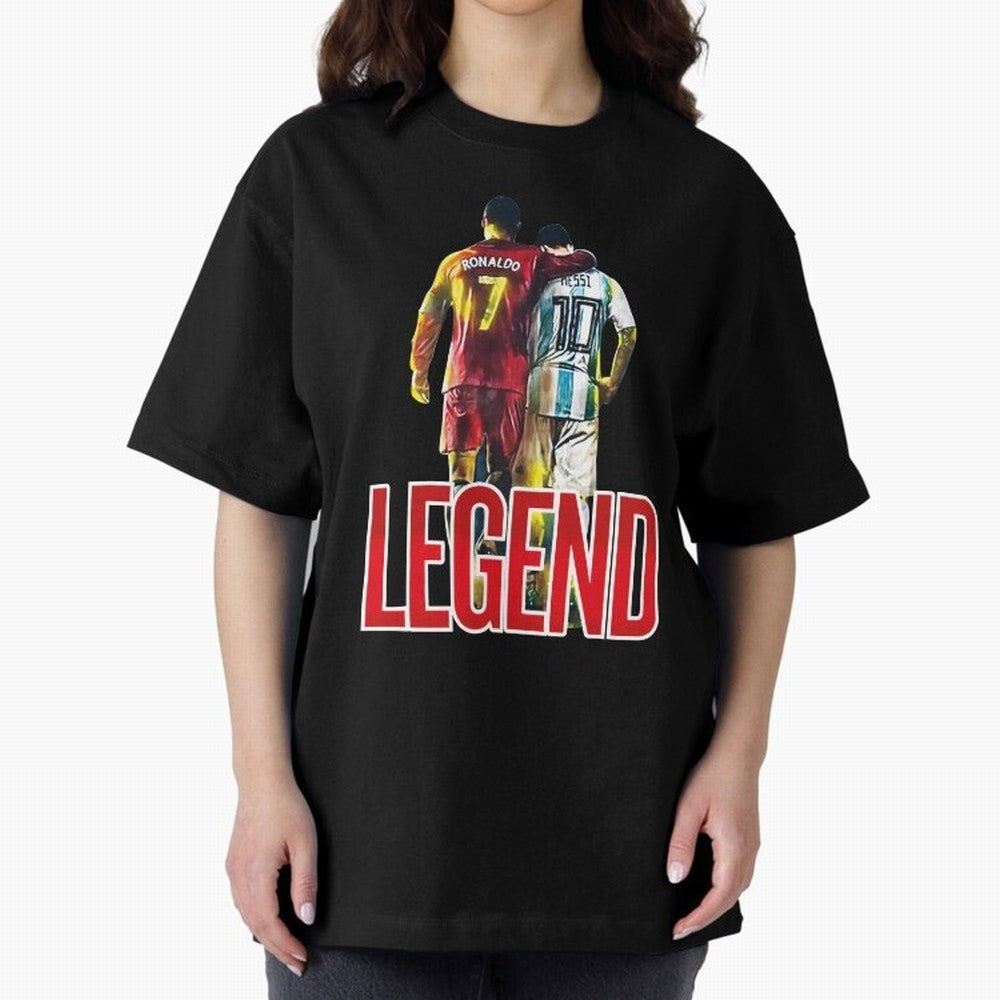LEGEND MESSI & RONALDO POSTER Oversized T-Shirt Capture Global Football Passion for FIFA World Cup 2026 USA Canada Mexico, Inspired by Mbappe and Neymar, Portugal, Spain and Germany, Sports Nostalgia, International Competition, Famous Players and