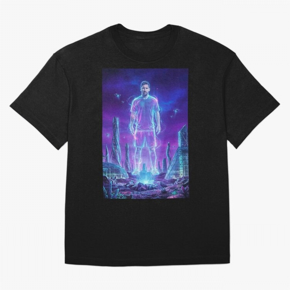Lionel Messi (GOAT) Hologram in Futuristic Cyberpunk City (Version 5) Classic T-Shirt Step into Global Football Passion for FIFA World Cup 2026 Group Stage, Built around Mbappe and Neymar, Argentina and Brazil, Goal Celebration Energy, Supporter
