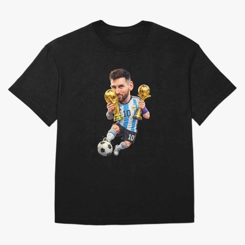 Lionel Messi ¨C Trophy King Caricature Oversized T-Shirt Remember Iconic Moments from the FIFA World Cup 2026 Journey through Haaland Highlights, Brazil Pride, Game Day Rituals, Football Legends, Country Pride and the Road to the Final; Ideal for