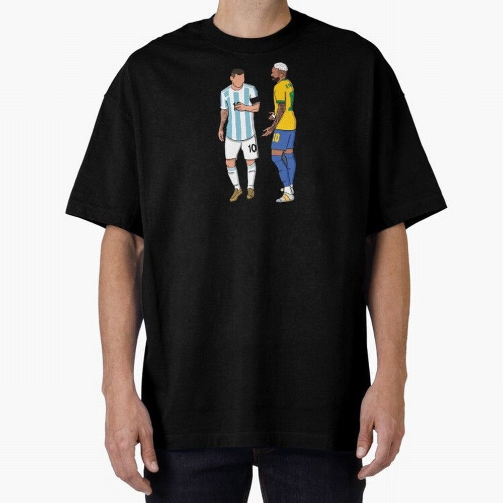 Messi and Neymar Chit Chat Illustration Oversized T-Shirt Join Supporters Worldwide for FIFA World Cup 2026 for Fans of Messi and Argentina, France and Brazil, Bringing Match Day Excitement, Supporter Culture, Golden Goals and Global Football